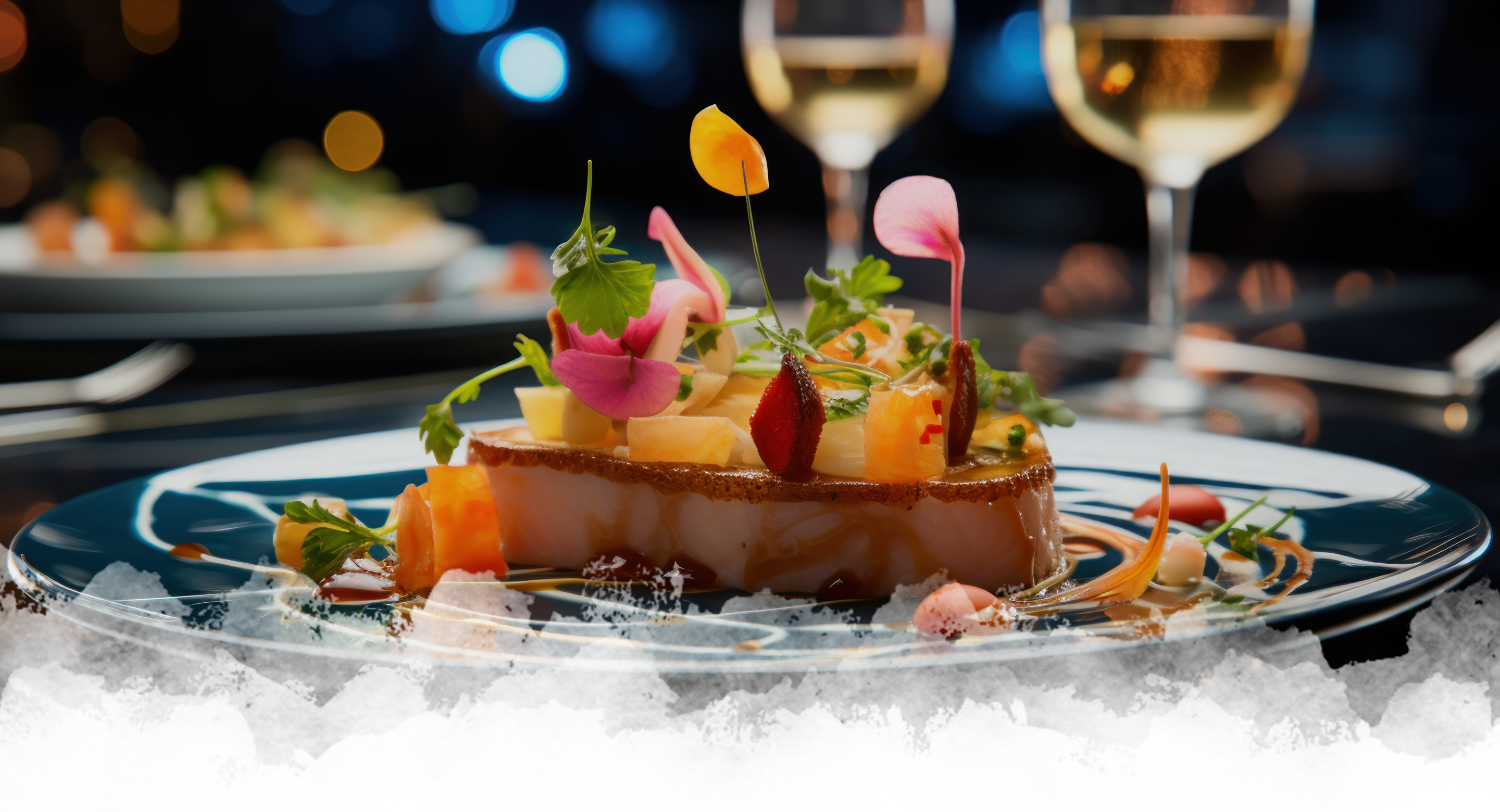 Elegant gourmet dish artfully plated with vibrant edible flowers, fresh herbs, and delicate vegetables, served on a blue ceramic plate with glasses of white wine in the background.